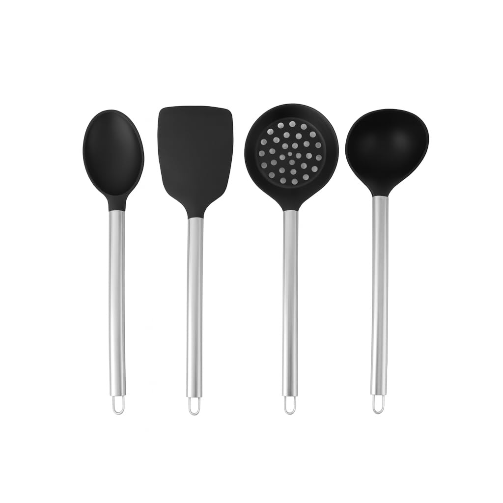 "4’lü Silikon ve Paslanmaz Çelik Mutfak Seti – Isıya Dayanıklı Kepçe, Spatula, Kevgir ve Büyük Servis Kaşığı – Sağlam, Dayanıklı ve Şık Tasarım – Yemek Pişirme ve Servis İçin İdeal Mutfak Gereçleri"