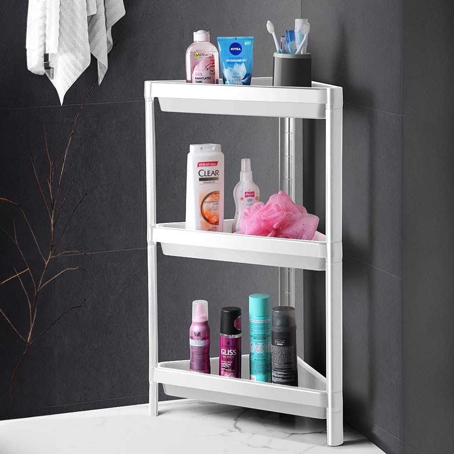 Deconox 3 Katlı Üçgen Köşe Rafı | Banyo, Mutfak ve Kiler İçin Yer Tasarruflu Organizer | Çok Amaçlı