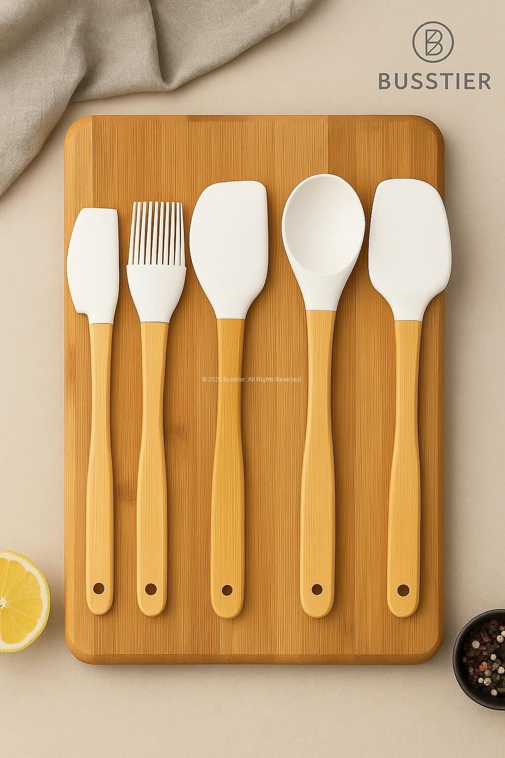 Busstier 5’li Silikon Spatula Seti Bambu Saplı Mutfak Gereçleri Isıya Dayanıklı Yapışmaz Hamur Karıştırıcı Pasta Fırçası Kaşık Spatula Seti Kolay Temizlenen Sağlıklı Pişirme Araçları
