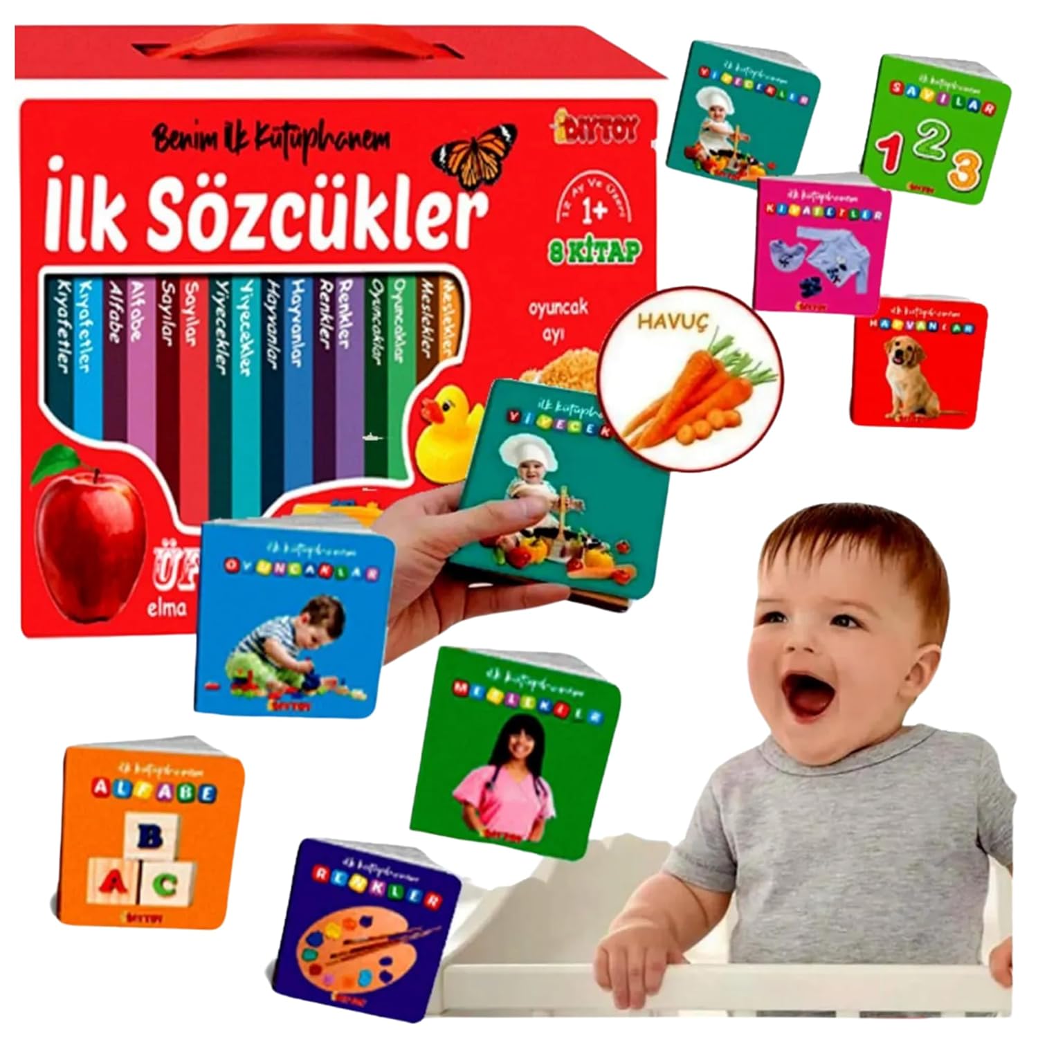 Oyuncak İlk Bebek Kütüphanem 8'li Kitap Set 1-Alfabe 2-Sayı 3-Renk 4-Hayvan 5-Meslek 6-Yiyecek 7-Kıyafet 8-Oyuncaklar