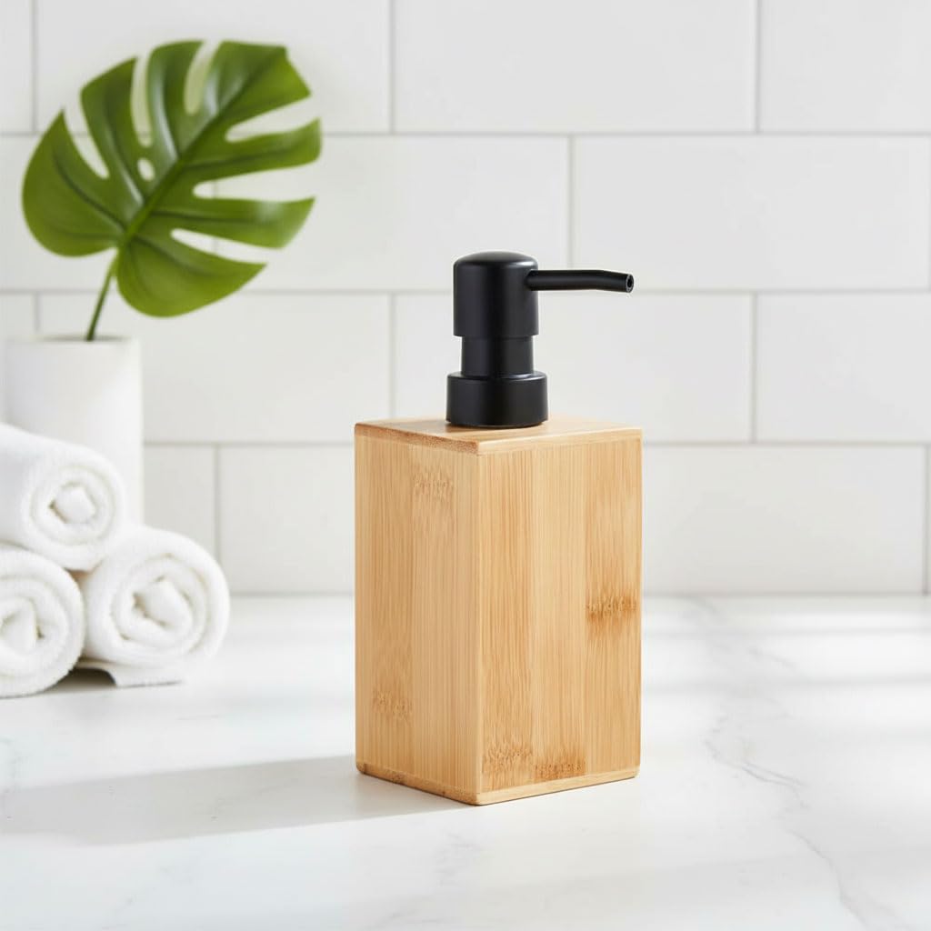 Deconox Bambu Sıvı Sabunluk | Ahşap El Sabunu, Losyon ve Şampuan Dispenseri | Modern Banyo, Mutfak ve Lavabo Düzenleyici (255ml) | Kare Bambu Sıvı Sabunluk | Mat Siyah Pompalı Ahşap Sabun Şişe
