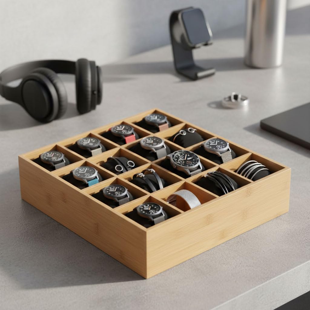 Deconox Bambu Çekmece İçi 15 Bölmeli Organizer | Çok Amaçlı Takı, Saat, Çorap, İç Giyim ve Kemer Düzenleyici | Ahşap Organizer Kutu | Masaüstü ve Çekmece İçi Takı, Saat ve Aksesuar Düzenleme Kutusu