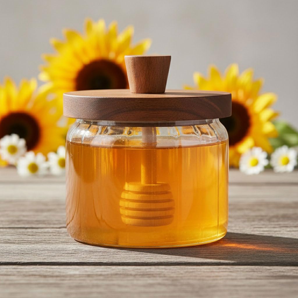 Deconox Akasya Ağacı Kapaklı Borosilikat Cam Bal Kavanozu ve Bal Kaşığı| Modern Kahvaltılık Saklama Kabı | Borosilikat Cam Bal Kavanozu | Ahşap Kapaklı ve Kepçeli Şık Bal Sunumluk 280ML