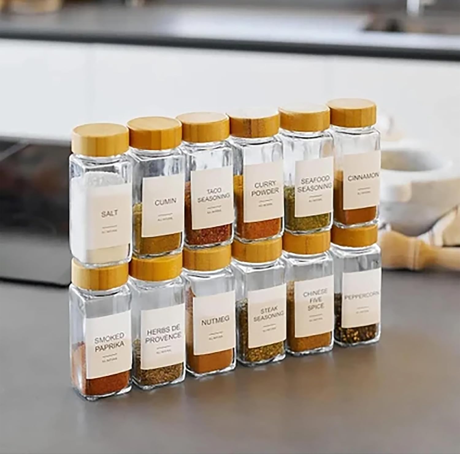 Promosyonca Cam Baharatlık Seti, 12 Adet, Bambu Kapaklı, Etiketli