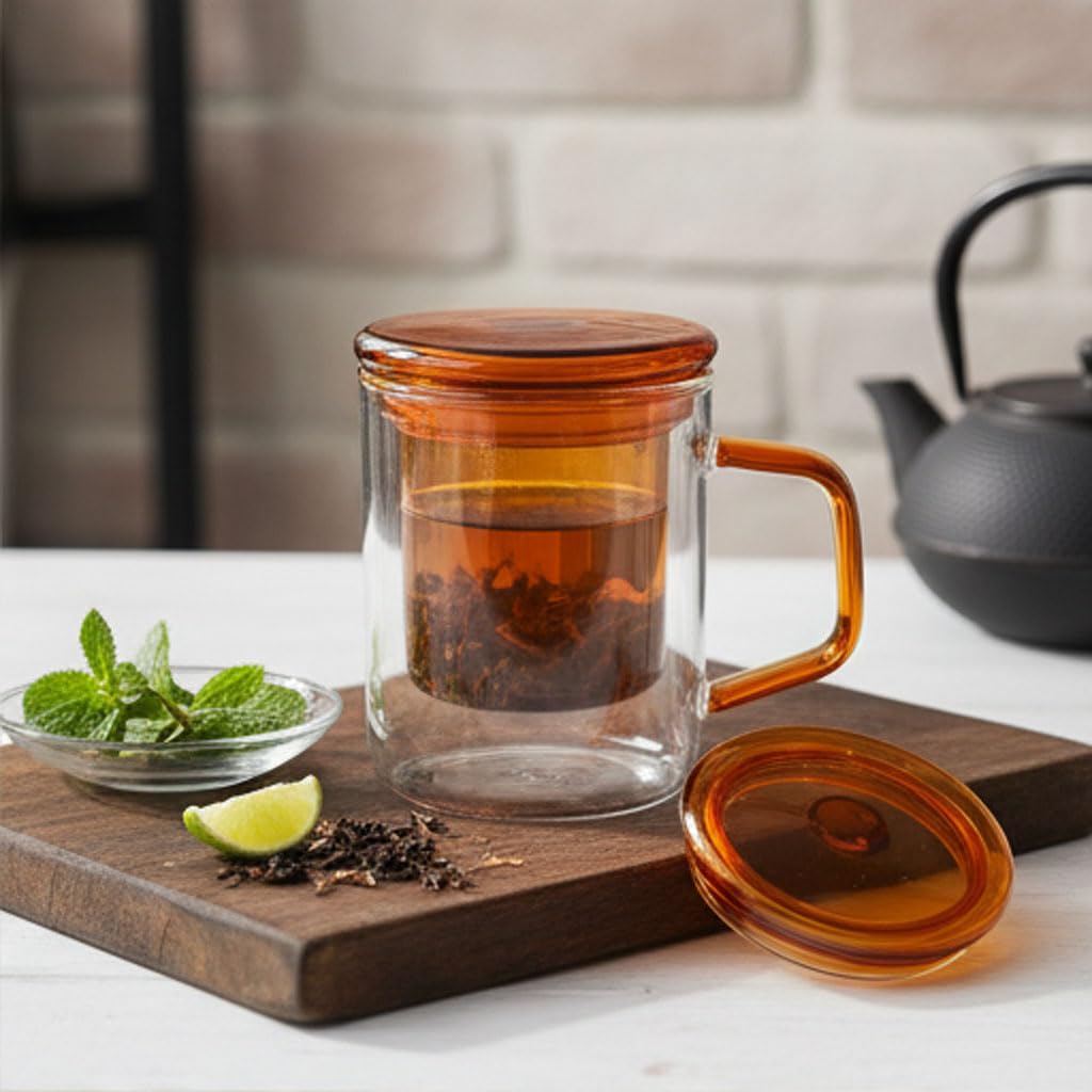 Deconox Borosilikat Cam Bitki Çayı Demleme Kupası | Cam Süzgeçli ve Cam Kapaklı Fincan | 350 ml | Tek Kişilik Çay Bardağı (Amber Rengi)