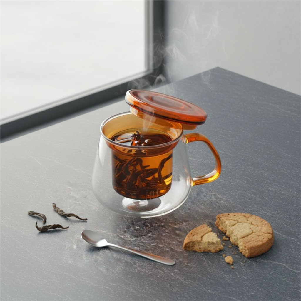 Deconox Borosilikat Cam Bitki Çayı Demleme Kupası | Cam Süzgeçli ve Cam Kapaklı Fincan | 350 ml | Tek Kişilik Çay Bardağı (Tombul Amber Rengi)