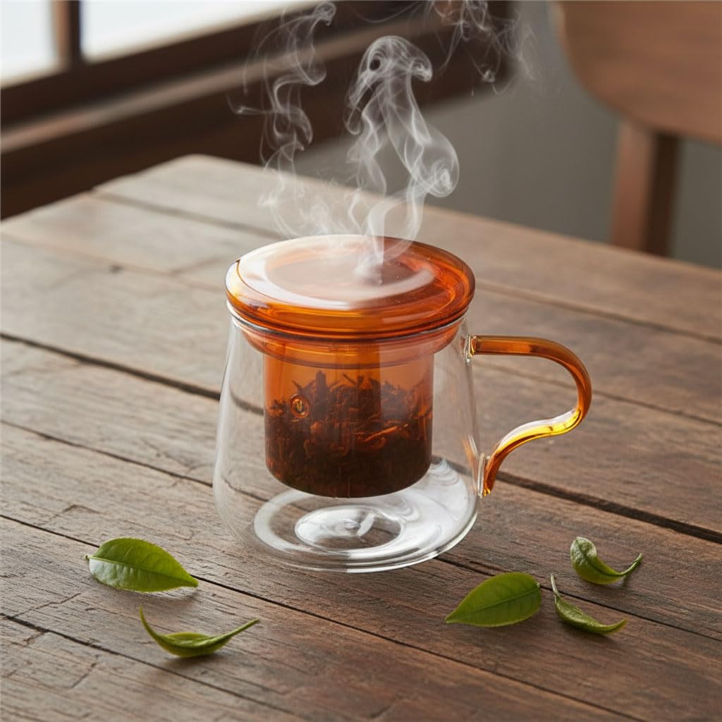 Deconox Borosilikat Cam Bitki Çayı Demleme Kupası | Cam Süzgeçli ve Cam Kapaklı Fincan | 350 ml | Tek Kişilik Çay Bardağı (Tombul Uzun Amber Rengi)