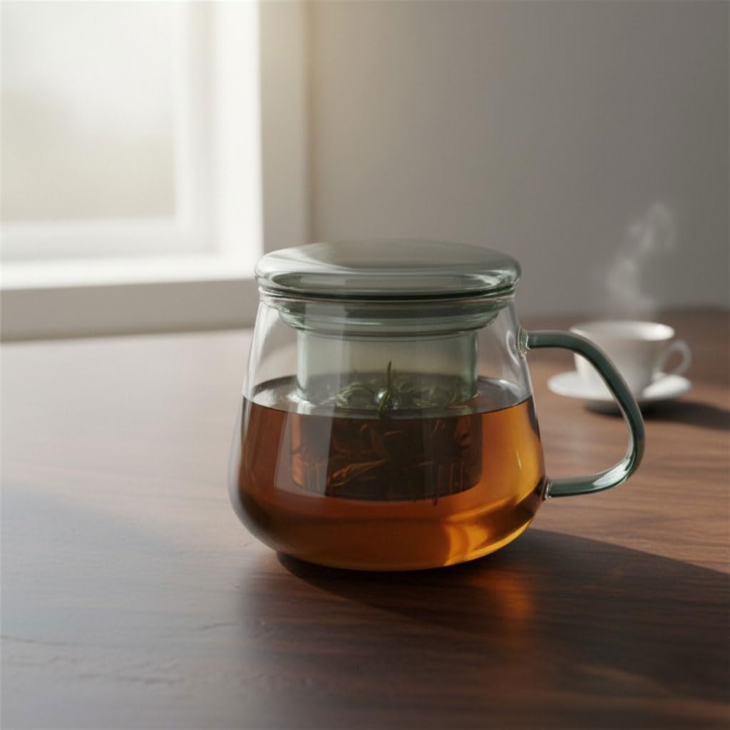 Deconox Borosilikat Cam Bitki Çayı Demleme Kupası | Cam Süzgeçli ve Cam Kapaklı Fincan | 350 ml | Tek Kişilik Çay Bardağı (Tombul Füme Rengi)