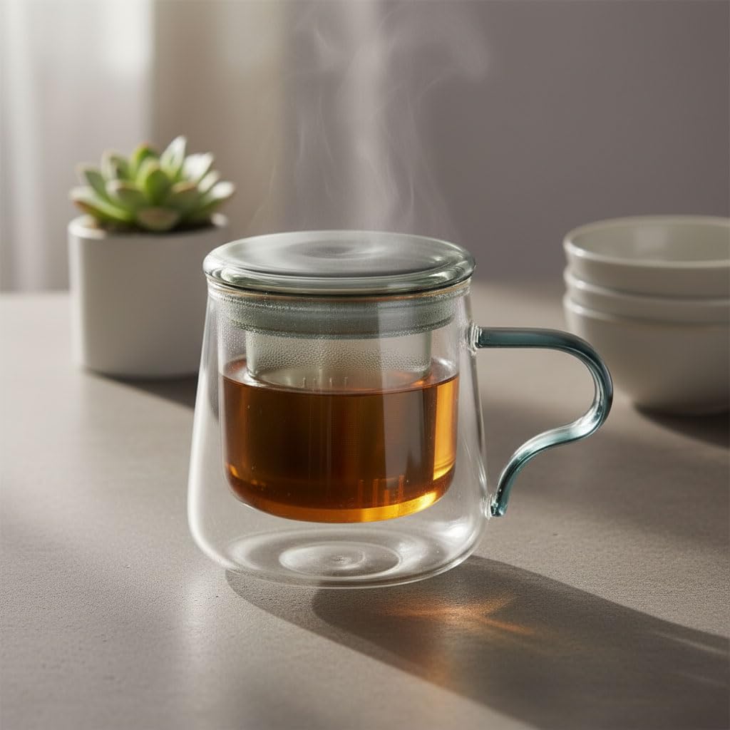 Deconox Borosilikat Cam Bitki Çayı Demleme Kupası | Cam Süzgeçli ve Cam Kapaklı Fincan | 350 ml | Tek Kişilik Çay Bardağı (Tombul Uzun Füme Rengi)