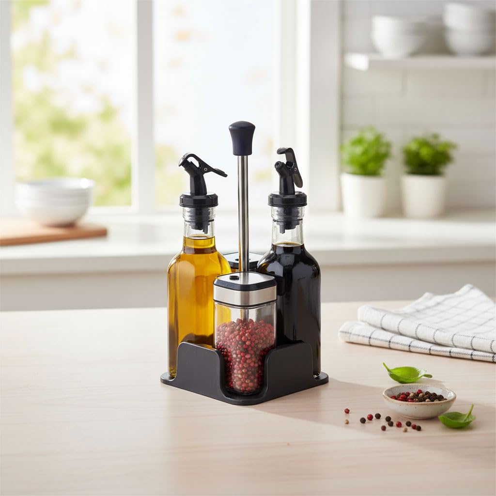 Deconox Dörtlü Baharatlık ve Yağlık Sirkelik Seti | Stantlı Tuzluk, Karabiberlik, Zeytinyağlık ve Sirkelik Takımı | Masaüstü Mutfak Seti 2 Adet 200 ml Yağlık, 2 Adet 100 ml Tuzluk Karabiberlik