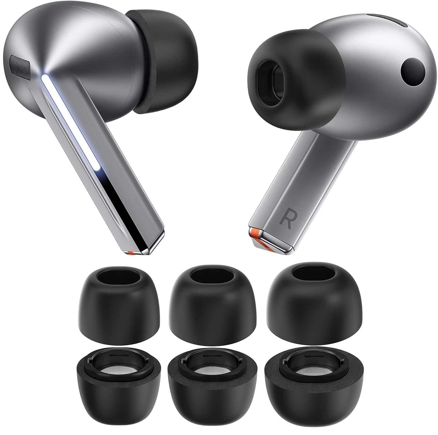 Rongep Samsung Galaxy Buds 3 Pro için Yedek Kulaklık Uçları Aynı Boyutta 3 Çift Gürültü Yalıtımı Sağlayan Kulağa Oturan Şarj Kutusuna Uygun Yumuşak Silikonlu Buds 3 Pro Kulaklık Uç Seti (Siyah)