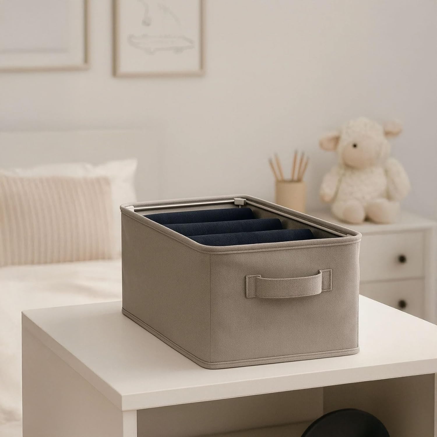 Deconox Raf Düzenleyici, Katlanabilir Kıyafet Organizeri, Çelik Destekli Kumaş Çok Amaçlı Saklama Kutusu, Dolap İçi Çekmece Düzenleyici, Gri (45x25x20cm)