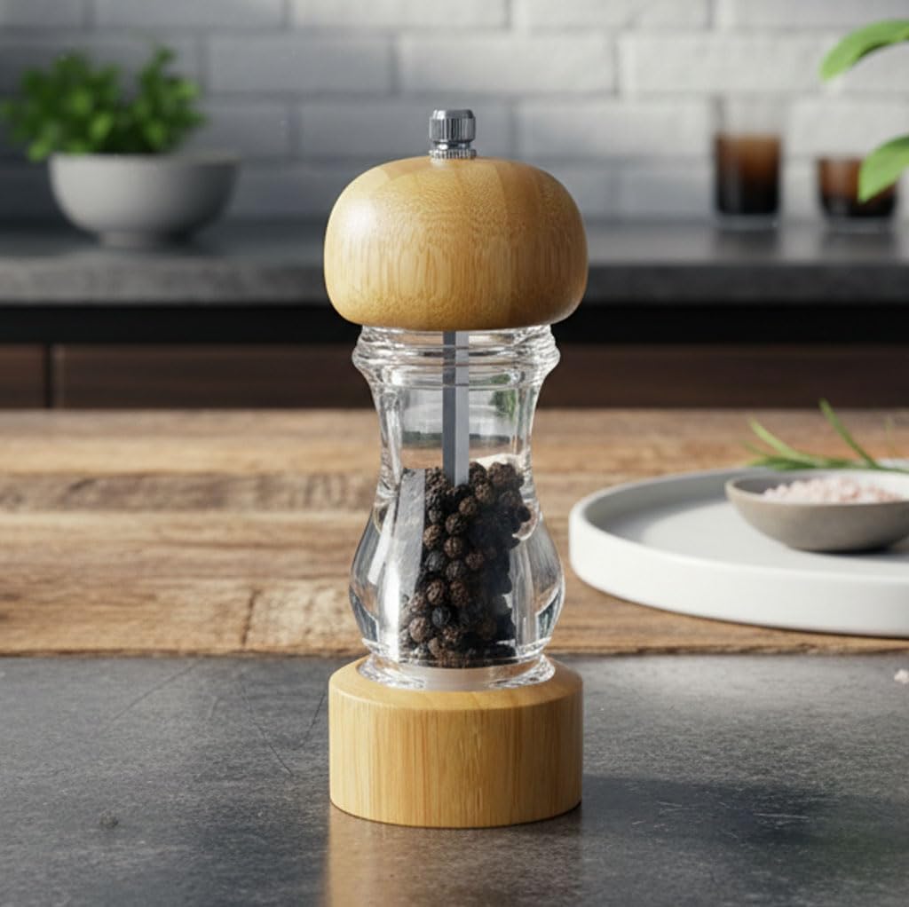Deconox Bambu ve Akrilik Manuel Baharat Öğütücü - Ayarlanabilir Porselen Mekanizmalı - Karabiber, Kaya Tuzu ve Çeşitli Baharatlar İçin - 17cm