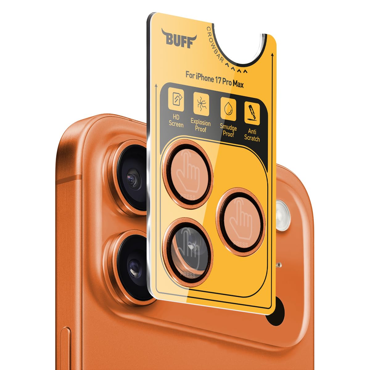 BUFF LABS iPhone 17 Pro Max ile Uyumlu Metal 9H Kamera Lens Koruyucu (Turuncu)
