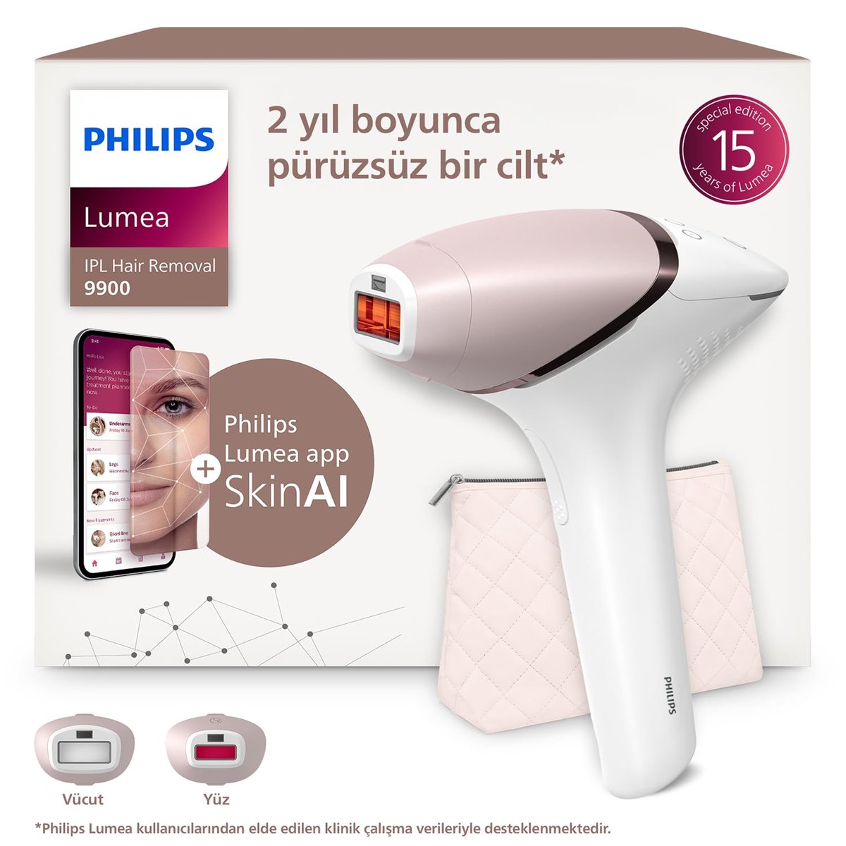 Philips Lumea 9900 Serisi BRI950/02 IPL Tüy Alma, SkinAI Uygulama, Vücut ve Yüz için 2 Başlık, Çanta