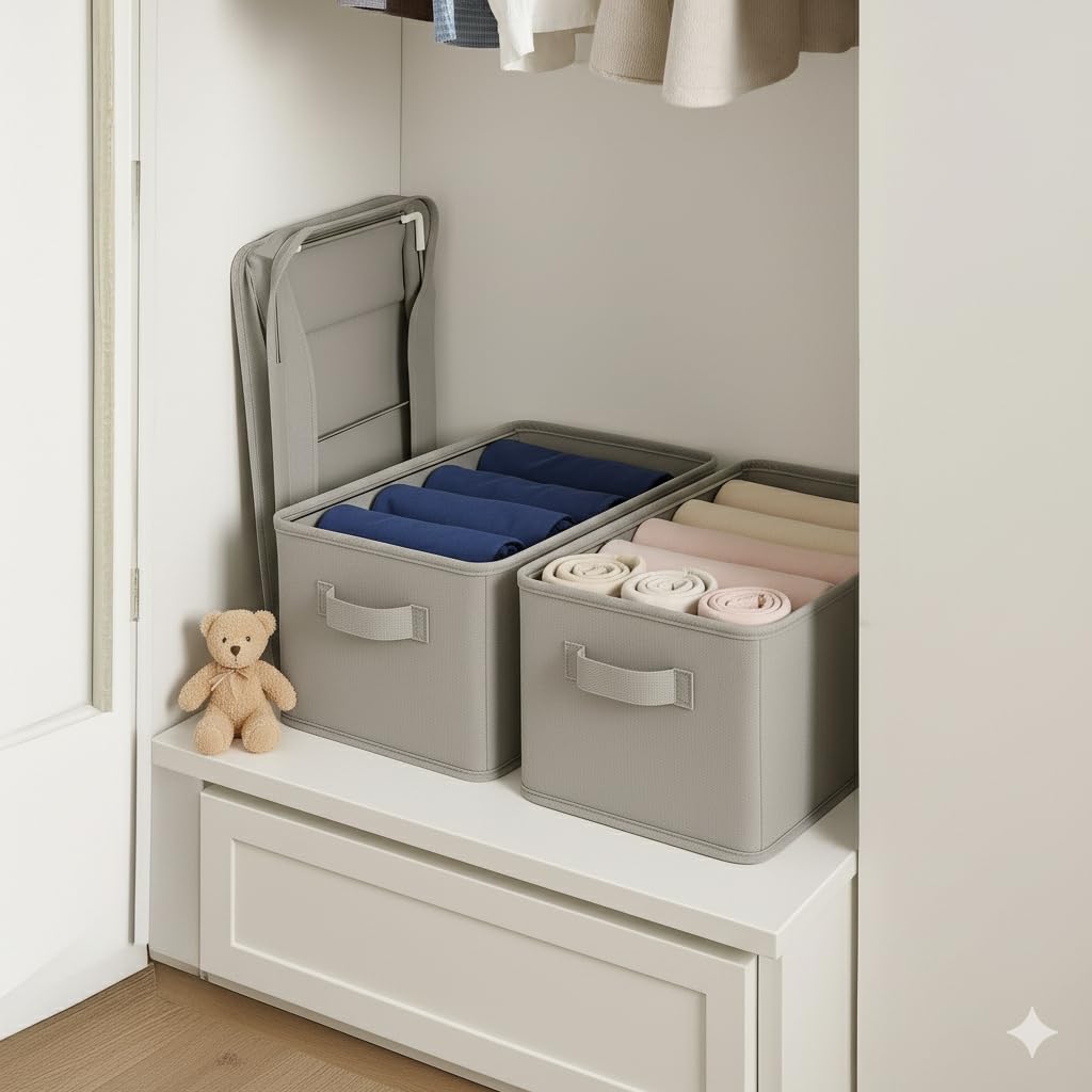 Deconox Raf Düzenleyici, Katlanabilir Kıyafet Organizeri, Çelik Destekli Tela Kumaş Çok Amaçlı Saklama Kutusu, Dolap İçi Çekmece Düzenleyici, Gri (45x25x20cm)