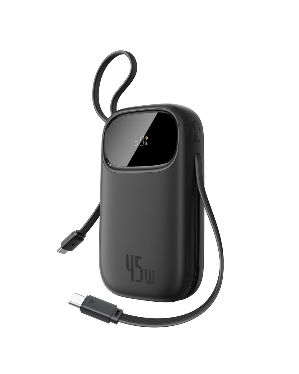 Baseus EnerFill FC31 Dijital Ekranlı Hızlı Şarj Powerbank Dahili Çift USB-C Kablo 10000mAh 45W - Siyah