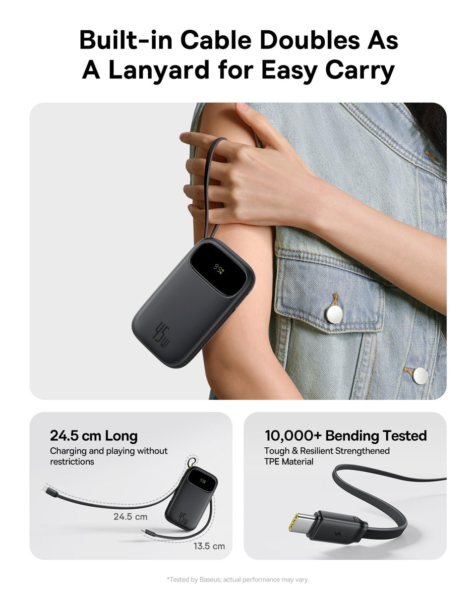 Baseus EnerFill FC31 Dijital Ekranlı Hızlı Şarj Powerbank Dahili Çift USB-C Kablo 10000mAh 45W - Siyah