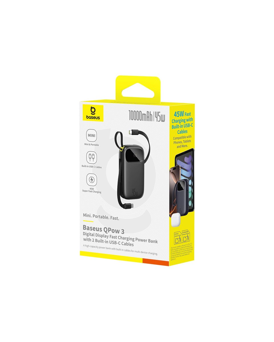 Baseus EnerFill FC31 Dijital Ekranlı Hızlı Şarj Powerbank Dahili Çift USB-C Kablo 10000mAh 45W - Siyah