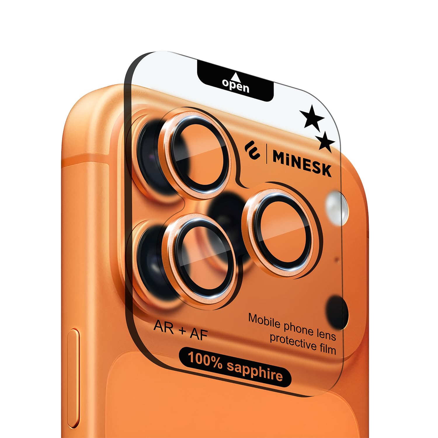 Minesk iPhone 17 Pro / 17 Pro Max ile Uyumlu%100 Orijinal Gerçek Safir Cam Cihazın Kendi Lensleri ile Aynı Kalitede Lens Koruyucu Kamera Camı (Kozmik Turuncu)
