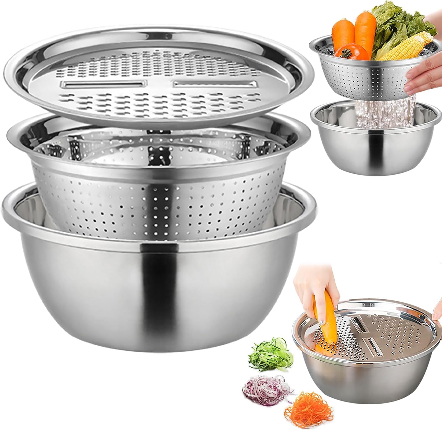 Orret Home 3 in 1 Rende ve Süzgeçli Leğen – Paslanmaz Çelik Hazneli Mutfak Süzgeci, Doğrayıcı ve Rende, Çok Fonksiyonlu Badya Süzgeçli Rende Seti