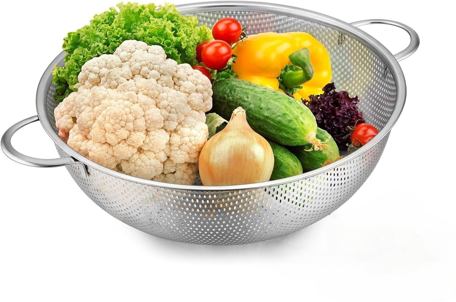 Orret Home Paslanmaz Çelik Ayaklı Çift Kulplu Süzgeç – Mutfak İçin Metal Sebze, Meyve ve Pirinç Yıkama Süzgeci, Dayanıklı Ayaklı Metal Süzek (28 Cm)
