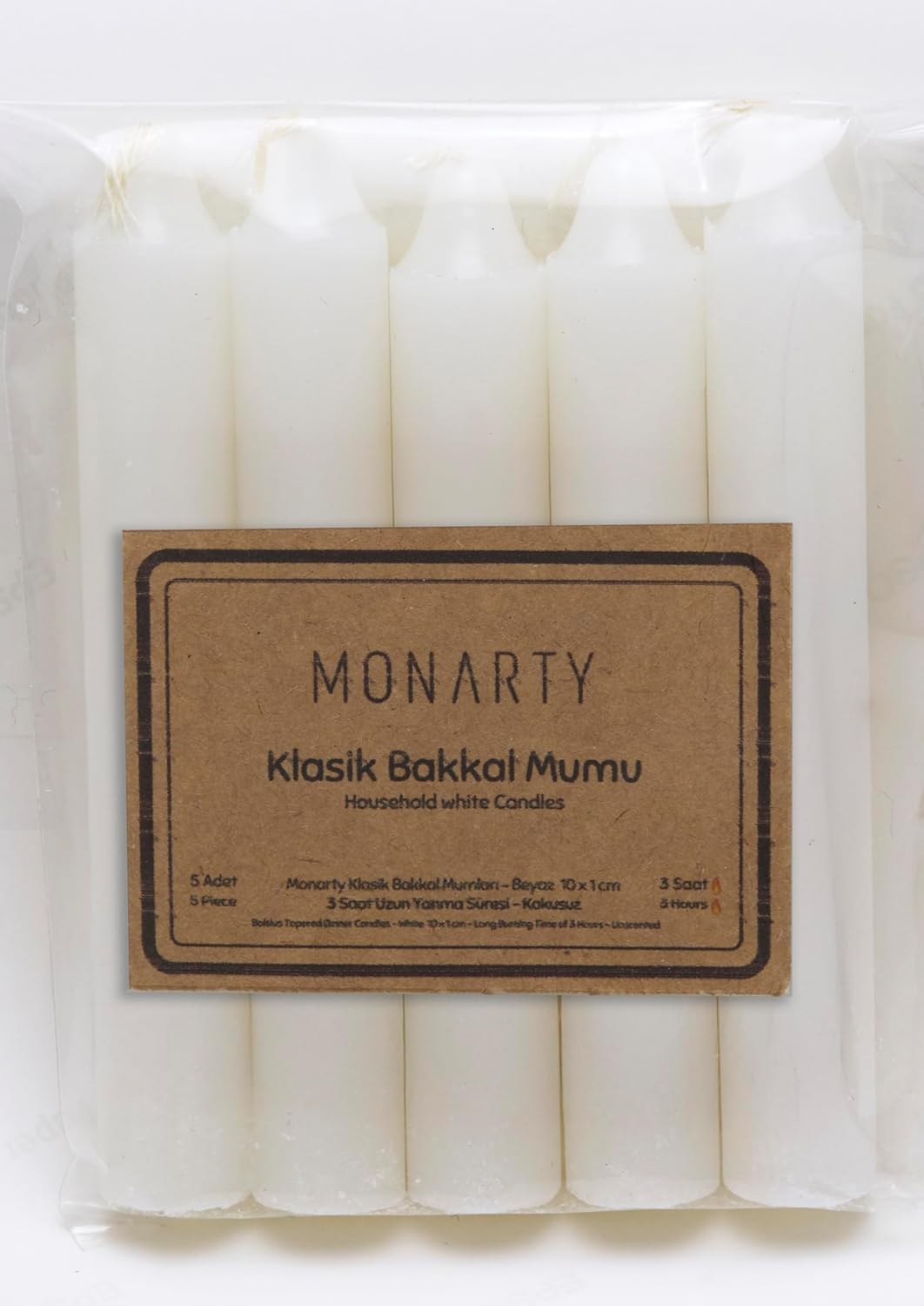 Monarty Klasik Bakkal Mumu, Beyaz Parafin, 10 cm x 1 cm, 5'li Paket, 3 Saat Yanma Süreli, Kokusuz, Damlamayan, İç Mekan Kullanımı için Mum