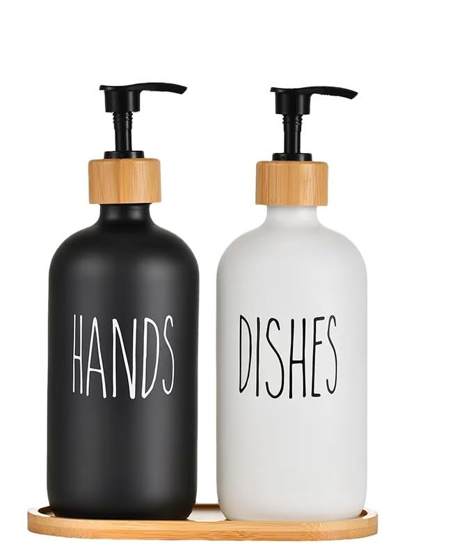 Modern Cam Sıvı Sabunluk Seti, Bambu Kapaklı, Siyah ve Beyaz, 500ml, Mutfak Banyo için El ve Bulaşık Sabunluğu, Pompalı, Ahşap Standlı, 2'li Set