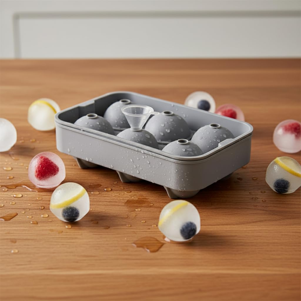 Deconox 6 Gözlü Silikon Top Buz Kalıbı (18x12x5 cm) | Büyük Boy Yuvarlak Buz Küpü Yapıcı | Whiskey, Kokteyl ve İçecekler İçin | Esnek ve Kolay Çıkarılabilir (Asorti)