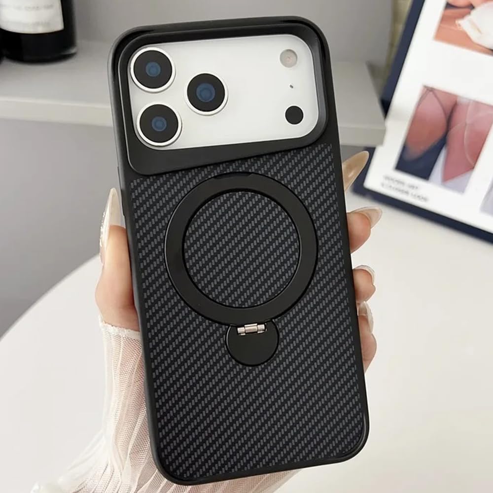 Coverzone iPhone 17 Pro Max ile uyumlu Kılıf Karbon Fiber Görünümlü Magsafe ile uyumlu Stand olabilen Carbon Case Tam Gövde Koruyucu Telefon Kılıfı Black
