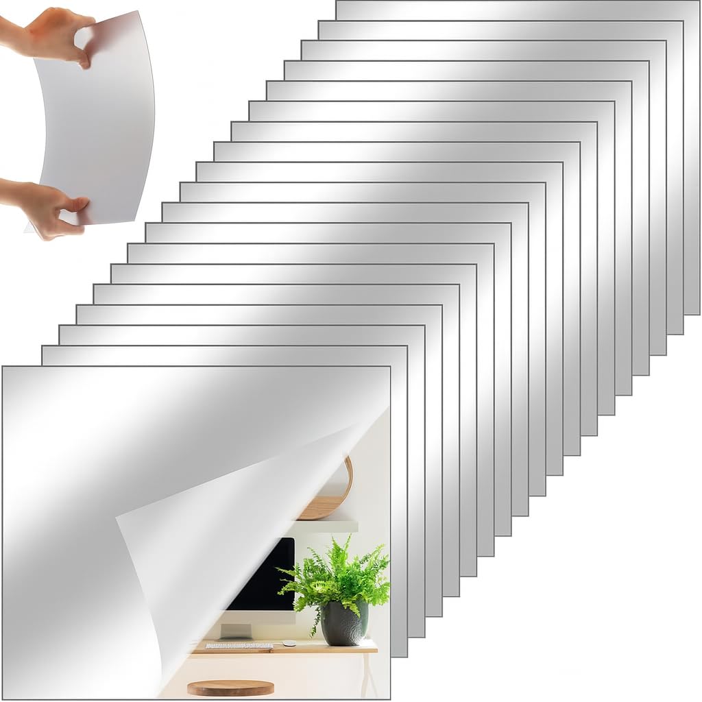 Kyrotech 2 Adet Kendinden Yapışkanlı Akrilik Pleksi Ayna, Esnek Dekoratif Sticker Duvar Aynası, Kırılmaz, Hafif, Kolay Montajlı Modern Süsleme, Ev, Ofis, Banyo ve Çocuk Odası İçin Gümüş, 30x30 CM