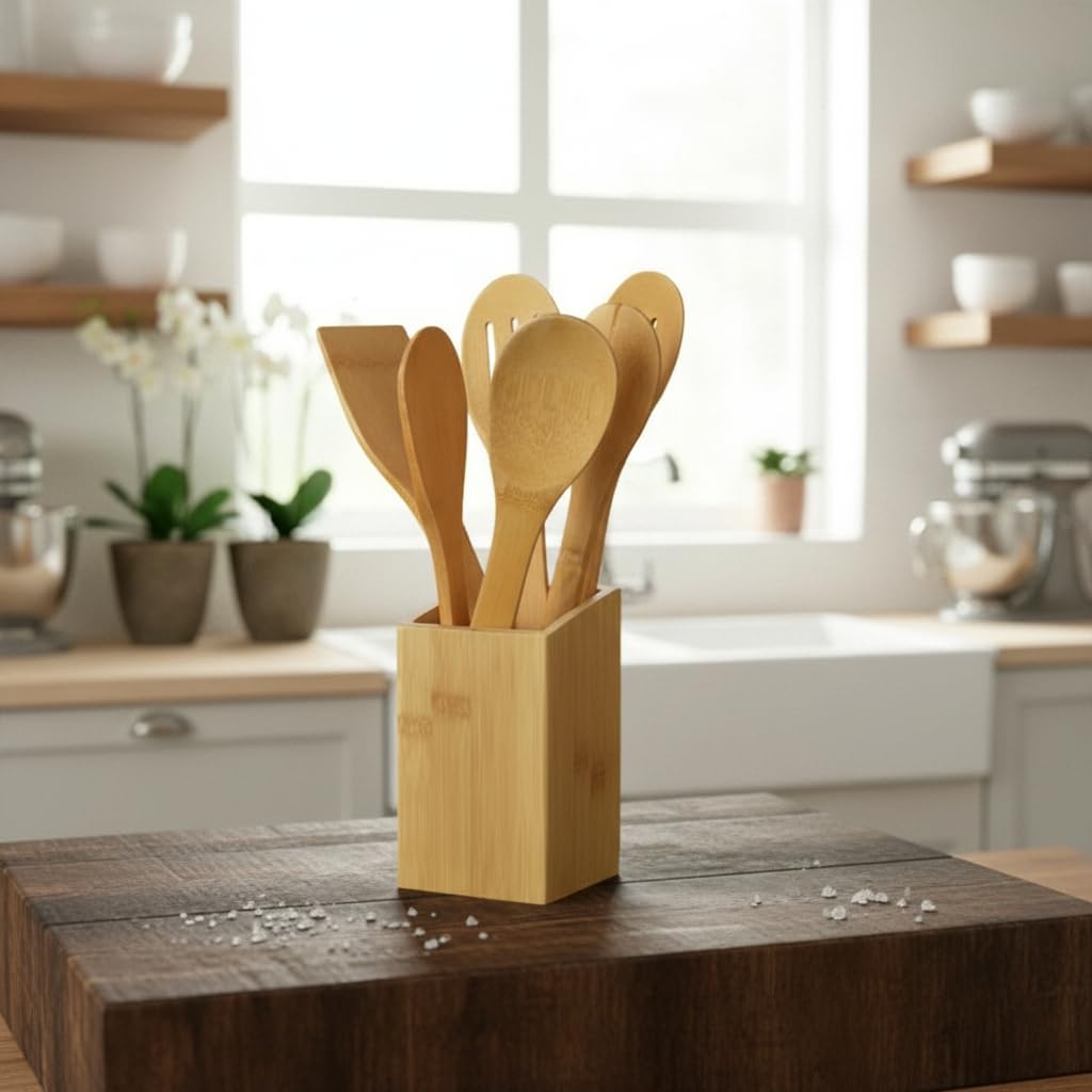 Deconox Bambu 6 Parça Mutfak Spatula ve Kaşık Seti | Doğal Ahşap | Çizilmez, Yapışmaz Tencereye Uyumlu | Kaşıklık Hediyeli