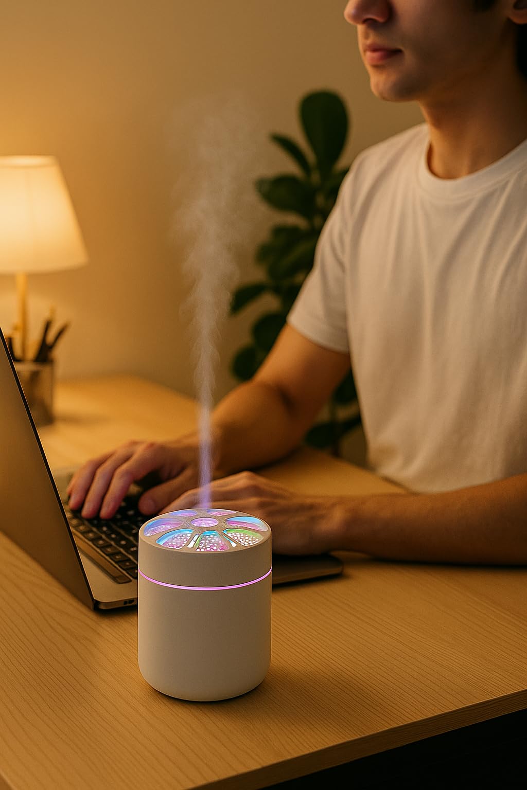 Busstier LED Işıklı Mini Aroma Difüzör Beyaz USB Hava Nemlendirici Sessiz Çalışan Taşınabilir Nem Makinesi Masaüstü Oda Ofis Araç İçin Uygun Otomatik Kapanma Özellikli