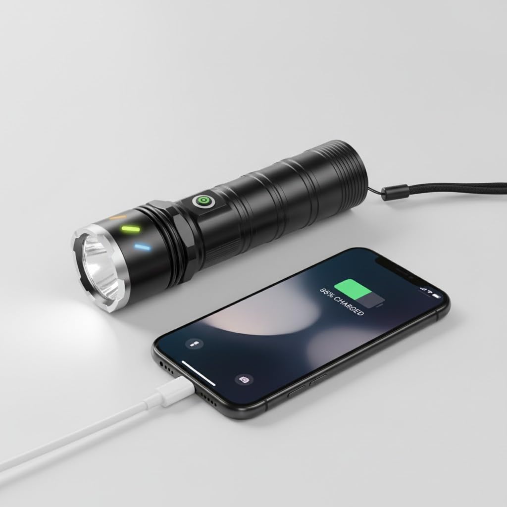 Orret Home 7200 mAh Powerbank Özellikli El Feneri – 9000 Lümen Zoom Özellikli Metal Kasa Şarjlı El Feneri, Type-C ile Şarj Edilebilir, Kutulu ve Taşıma İpli Güçlü Kamp Feneri