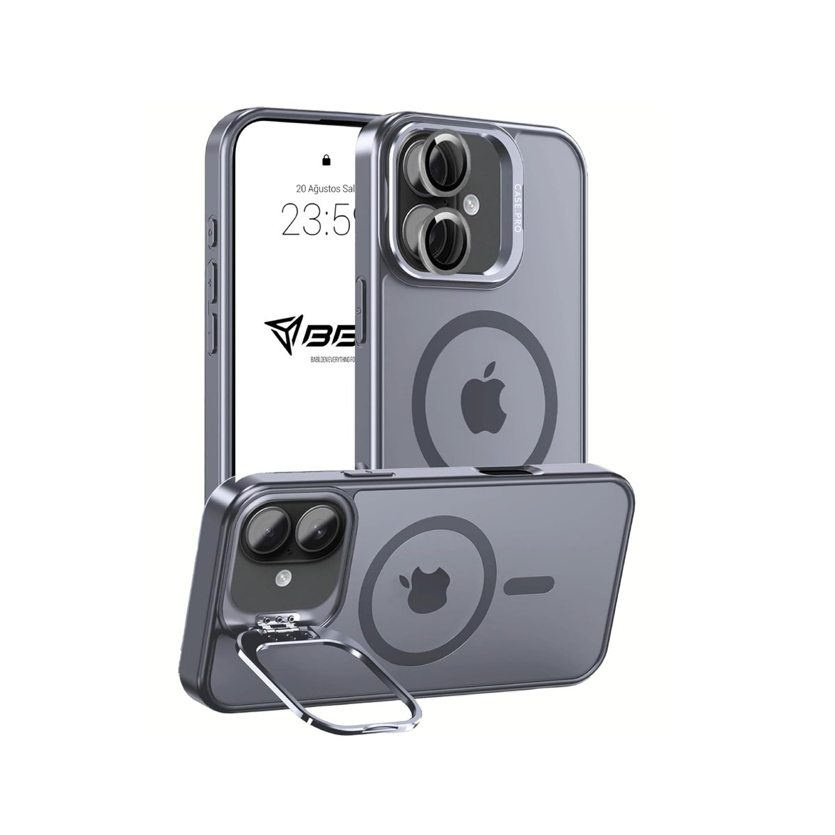Babilden iPhone 17 İçin Kılıf Kamera Korumalı Magsafe İle Uyumlu Kablosuz Şarj Özellikli Mat Şeffaf Renkli Standlı Lens Hediyeli Telefon Kılıfı (Gri)