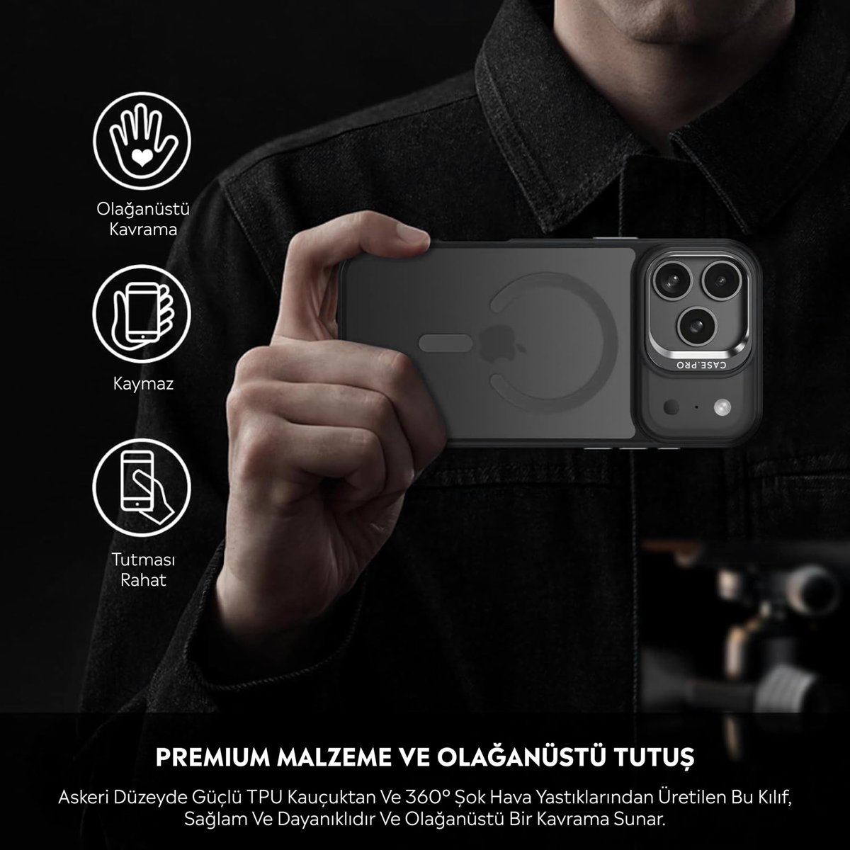 Babilden iPhone 17 Pro Max İçin Kılıf Kamera Korumalı Magsafe İle Uyumlu Kablosuz Şarj Özellikli Mat Şeffaf Standlı Siyah Kılıf Lens Hediyeli Telefon Kılıfı (Siyah)