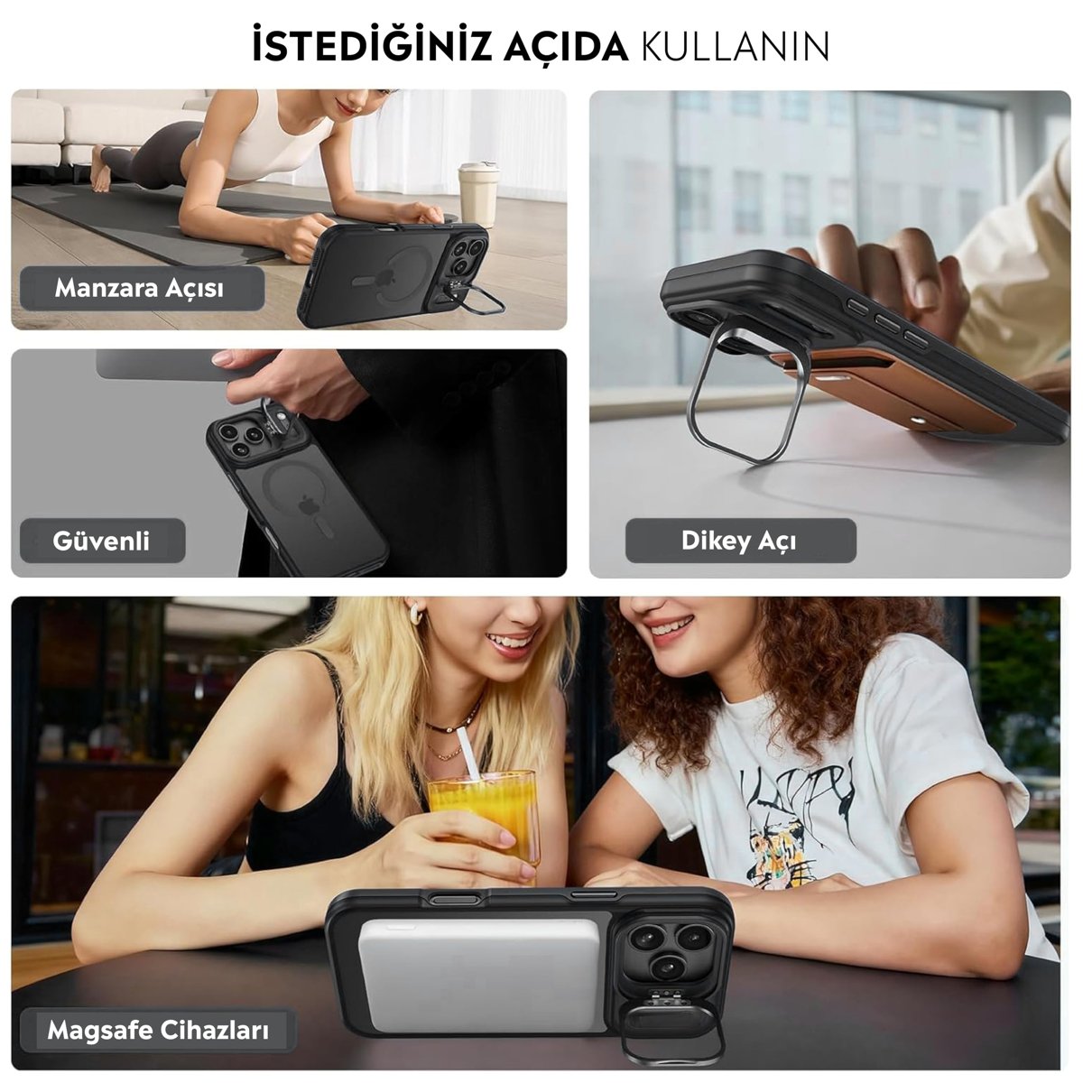 Babilden iPhone 17 Pro Max İçin Kılıf Kamera Korumalı Magsafe İle Uyumlu Kablosuz Şarj Özellikli Mat Şeffaf Standlı Siyah Kılıf Lens Hediyeli Telefon Kılıfı (Siyah)
