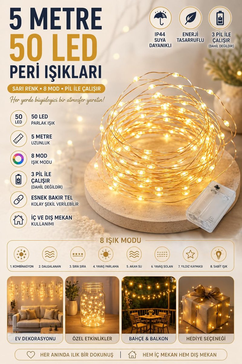 5 Metre Gün Işığı Peri Led Tel 3 Pilli Fonksiyonlu Süsleme İnce Telli Aydınlatmalı Şerit Led Yılbaşı Işık Yılbaşı Süsü