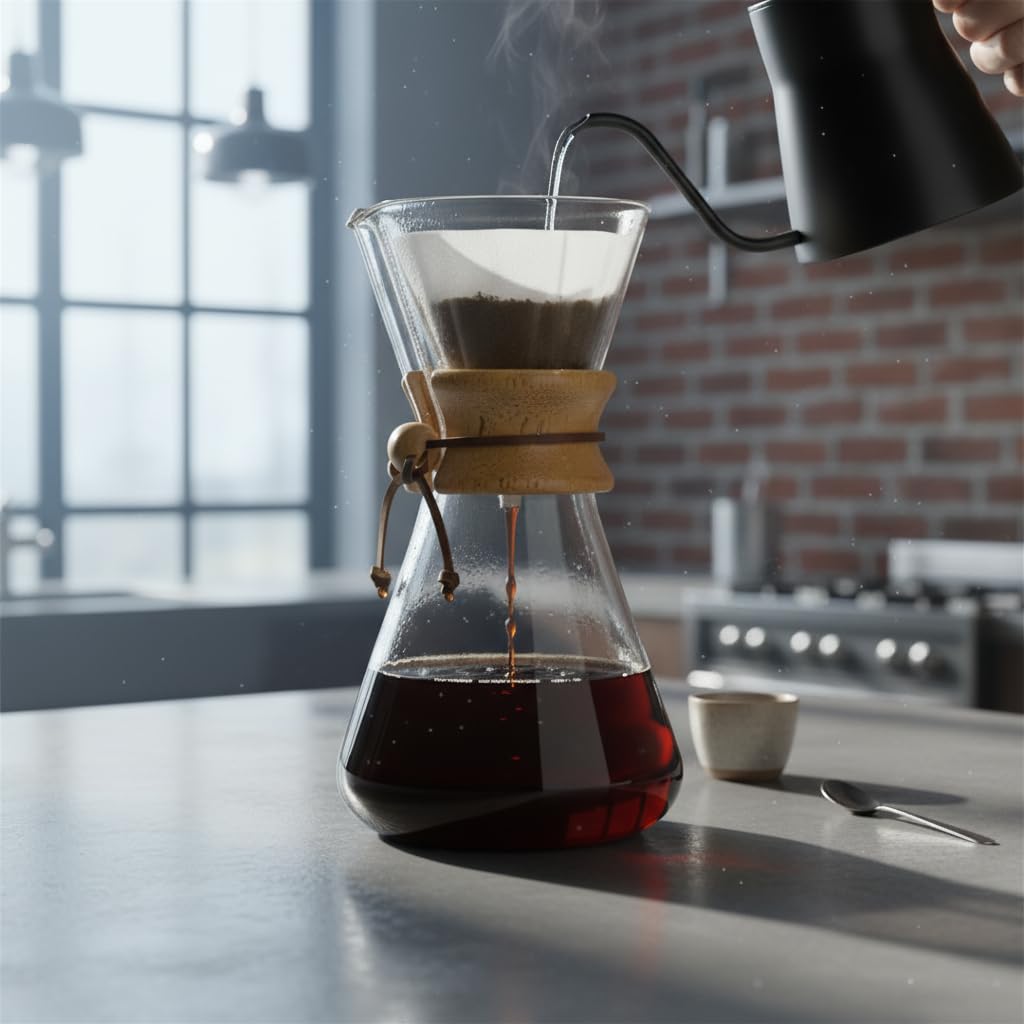 Deconox Chemex Tarzı Cam Kahve Demleme Karafı 600 ml | Borosilikat Isıya Dayanıklı, Ahşap Manşetli | Pour Over Filtre Demleyici | Lezzetli ve Aromatik Kahve Deneyimi