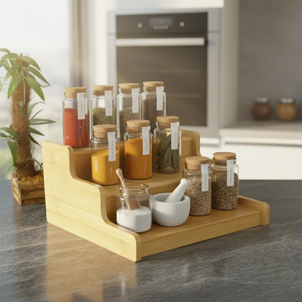 Deconox 3 Katlı Doğal Bambu Baharatlık Rafı | Çok Amaçlı Mutfak ve Banyo Düzenleyici | Merdiven Tipi Tezgah Üstü Organizer | 24x22x11 cm
