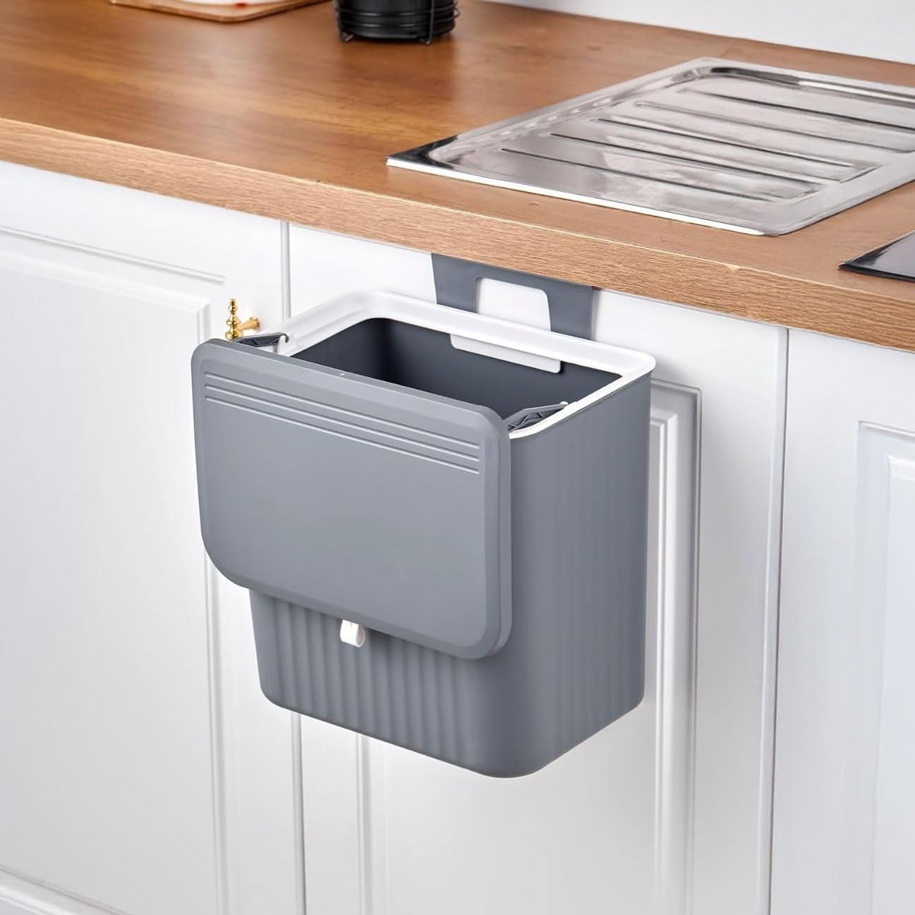 15 Litre Fonksiyonel Kapaklı Çöp Kovası - Dolap ve Duvar Aparatlı, Askılı, Yerden Tasarruflu, Lavabo Altı ve Dolap Kapısı için Mutfak ve Banyo Çöp Kutusu (GRİ)
