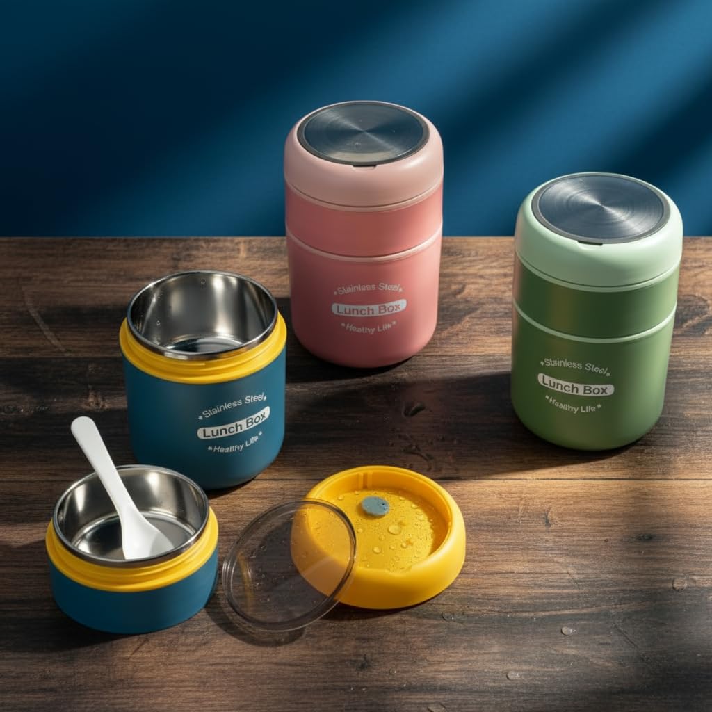 Deconox Çelik Yemek Termosu 2 Katlı Kaşıklı - 304 Paslanmaz Çelik Beslenme Kutusu | Sıcak/Soğuk Tutma Özellikli Vakumlu Öğle Yemeği Seferi Tası (710 ml, Çap: 10 cm, Yük: 15.5 cm) (MAVİ-SARI)