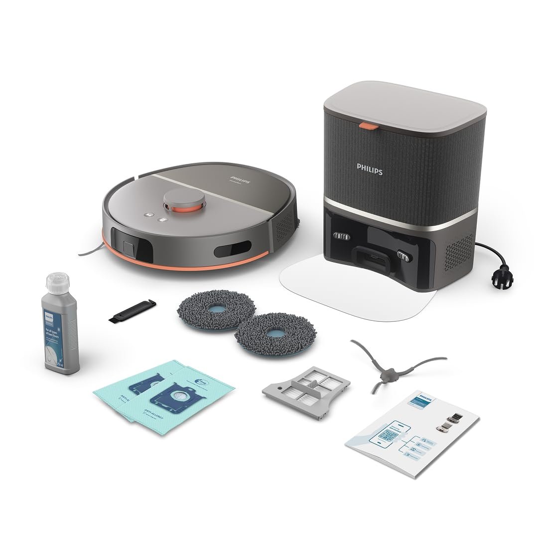 Philips HomeRun 5000 Serisi Robot Elektrikli Süpürge, Çift Döner Mop, Süpürme ve Paspas, 10.000Pa Emiş Gücü, Lazer Çizgi Navigasyon, HomeRun Uygulaması, Açık Gri (XU5100/10)