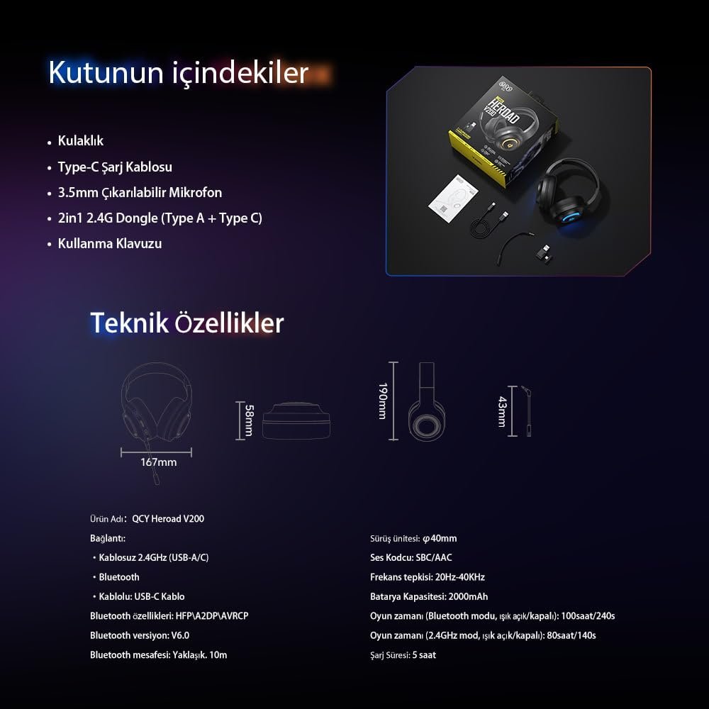 QCY HeroaD V200 RGB 7.1 Kablosuz Gaming Oyuncu Kulaklığı 3 Modlu (BT, 2.4Ghz, Type-C) PC - PS5