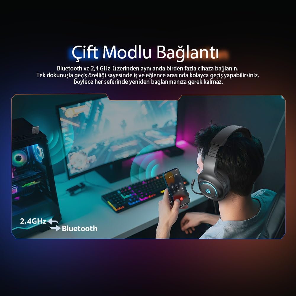QCY HeroaD V200 RGB 7.1 Kablosuz Gaming Oyuncu Kulaklığı 3 Modlu (BT, 2.4Ghz, Type-C) PC - PS5