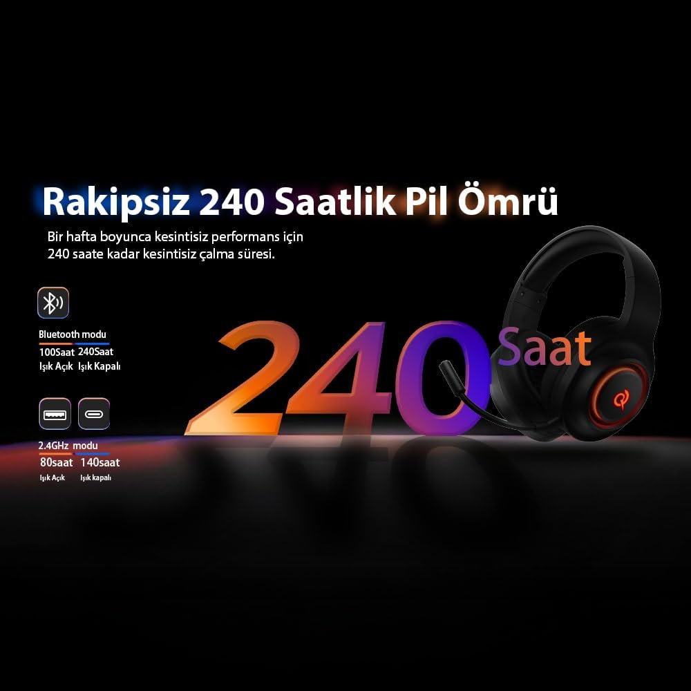 QCY HeroaD V200 RGB 7.1 Kablosuz Gaming Oyuncu Kulaklığı 3 Modlu (BT, 2.4Ghz, Type-C) PC - PS5