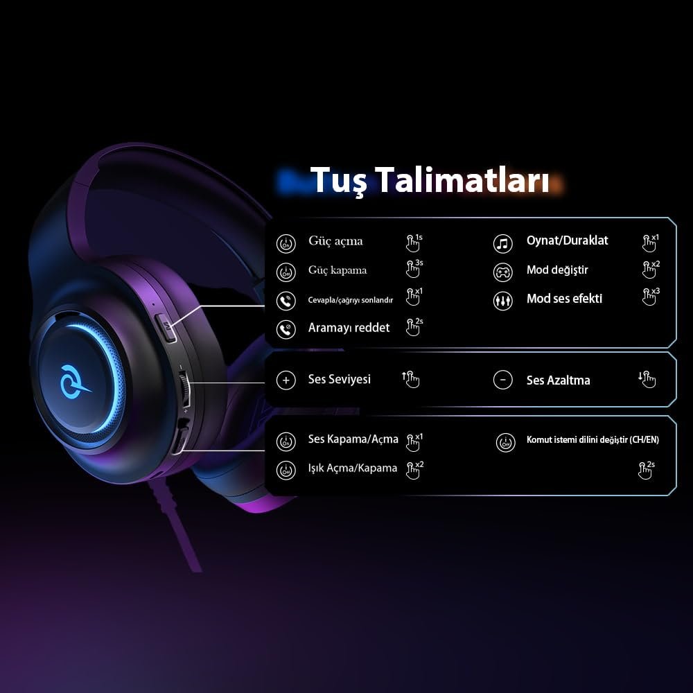 QCY HeroaD V200 RGB 7.1 Kablosuz Gaming Oyuncu Kulaklığı 3 Modlu (BT, 2.4Ghz, Type-C) PC - PS5