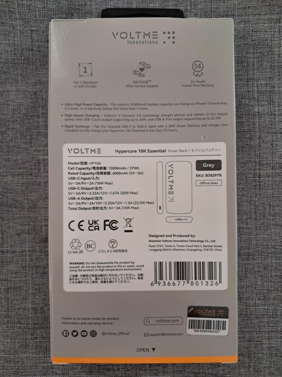 VOLTME Hypercore 10K Essential Taşınabilir Şarj Cihazı, 10000mAh Kapasite, 22.5W Hızlı Şarj, Gri