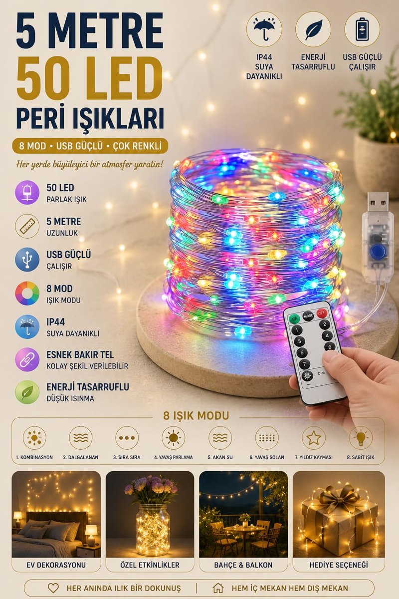 5 Metre RENKLİ 50LED Işıklar Peri Işıkları 8 MOD RGB Işıkları USB Çok Renkli Işık Peri Dize Işıkları Tel Fonksiyonlu Süsleme İnce Telli Aydınlatmalı Şerit Led Yılbaşı Işık Yılbaşı Süsü