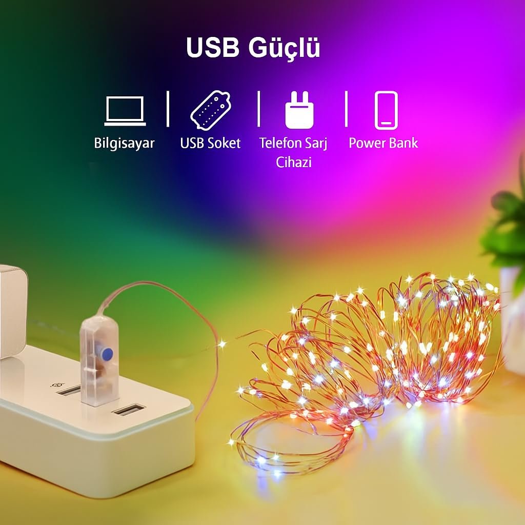 5 Metre RENKLİ 50LED Işıklar Peri Işıkları 8 MOD RGB Işıkları USB Çok Renkli Işık Peri Dize Işıkları Tel Fonksiyonlu Süsleme İnce Telli Aydınlatmalı Şerit Led Yılbaşı Işık Yılbaşı Süsü